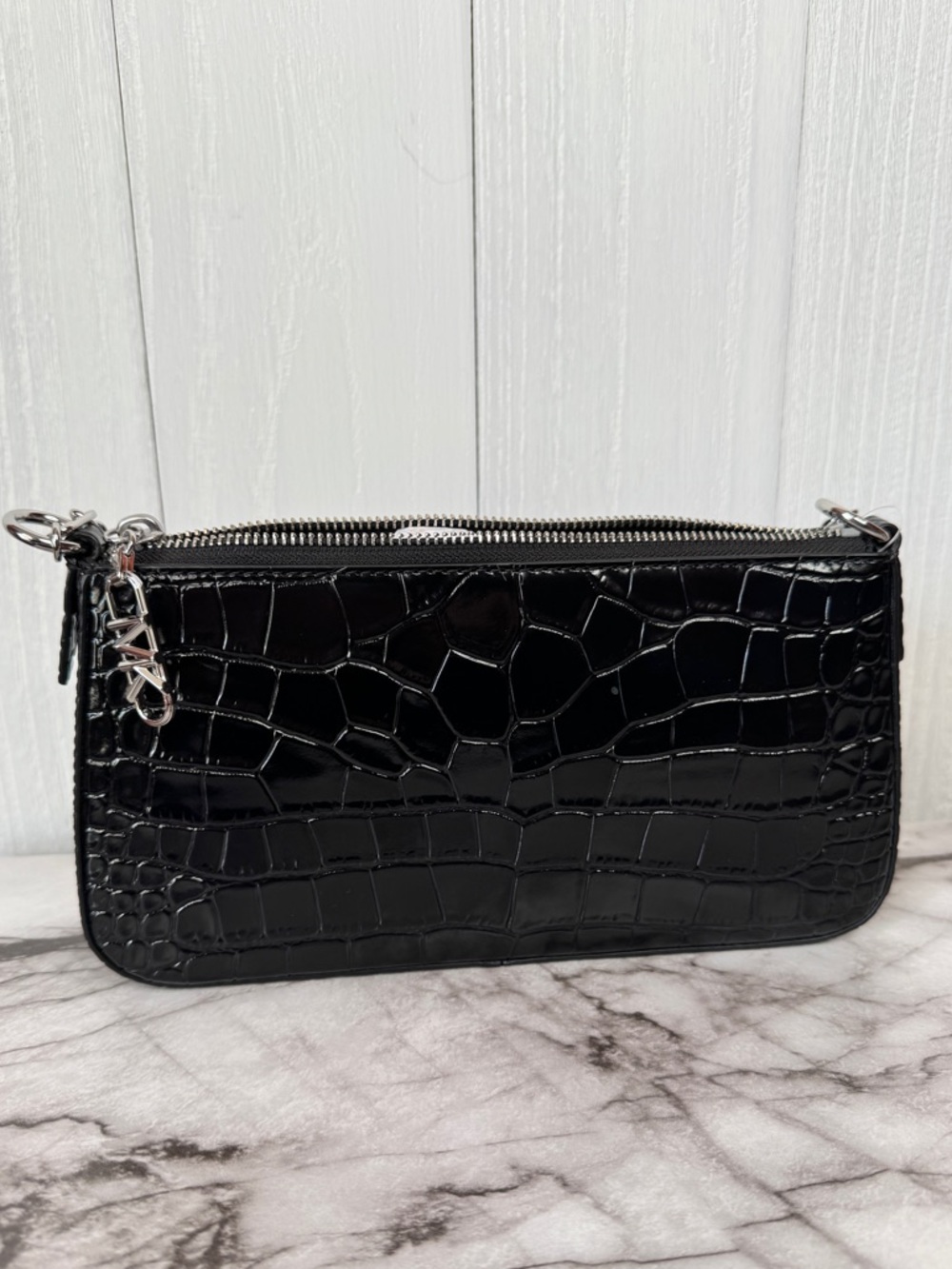 Michael Kors Empire Crocodile-Embossed Leather Chain-Link Pochette in black - Picture 6 of 11